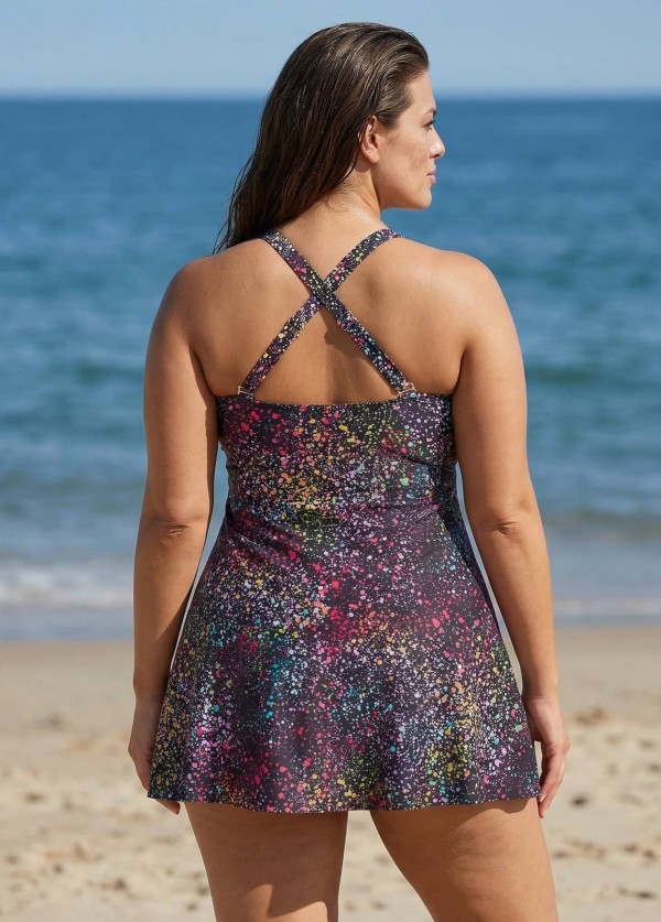 Curvy Black Dot Print Vintage Swimwear Bathing Suits Swimdress Top