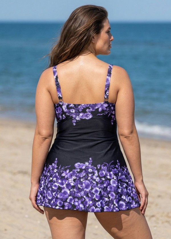 Purple Floral Square Neck Vintage Side Knot Curvy Swimsuit One Piece Swimdress
