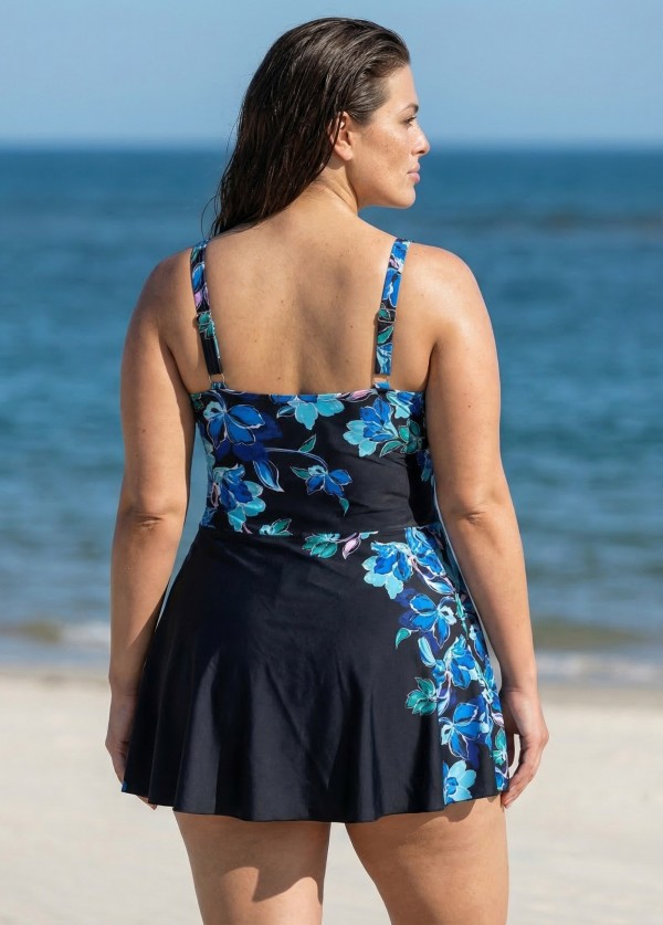 Blue Floral Square Neck Sleeveless Vintage Side Knot Curvy Swimsuit One Piece Swimdress