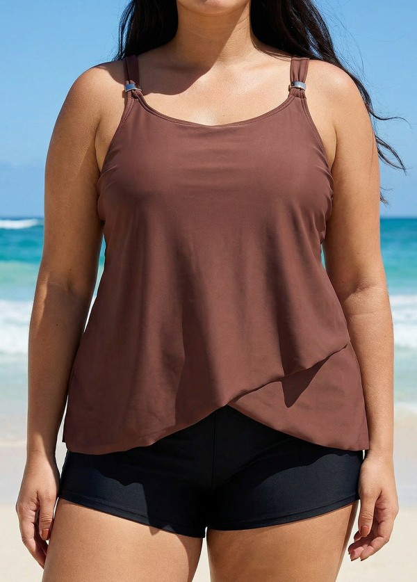 Plus Size Brown Flowy Layered Tankini Top