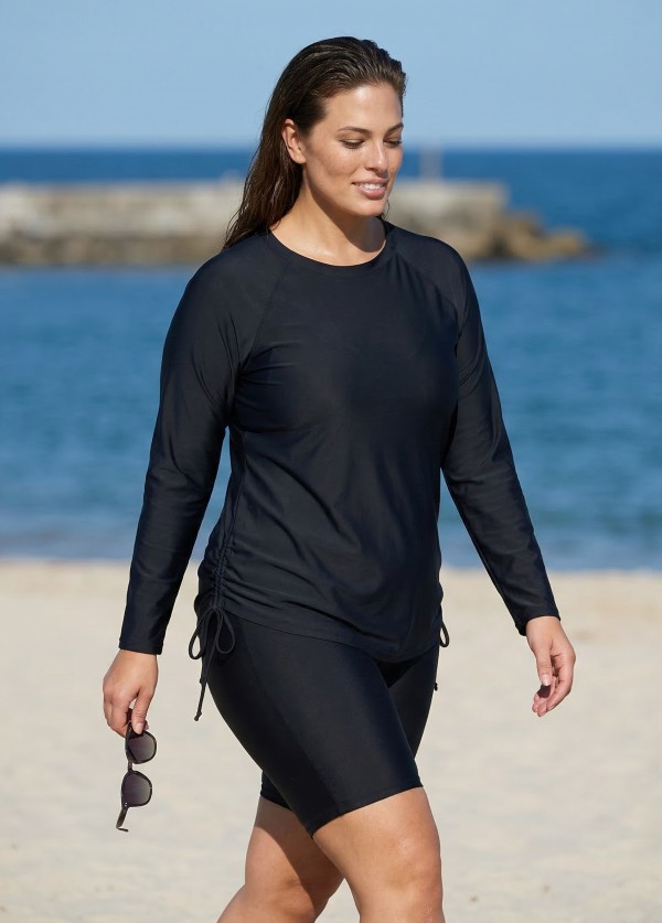 Plus Size Black Long Sleeve Drawstring Women's Swimsuit Tankini Top