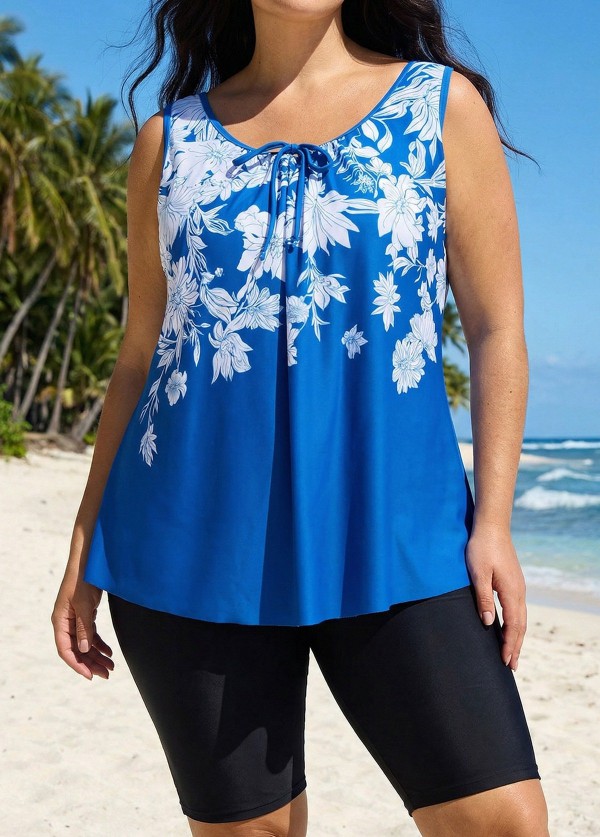Blue Floral Modest Padded Wide Strap Loose Fit Curvy Women's Swimsuit Long Tankini Top