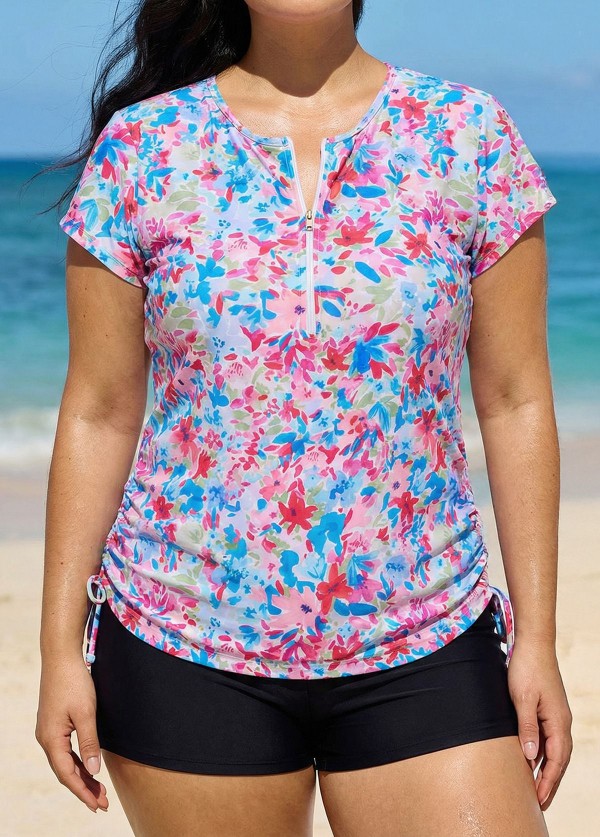 Pink Floral High Neck Short Sleeves Zipper Drawstring Curvy Swimsuit Uv Shirt Tankini Top