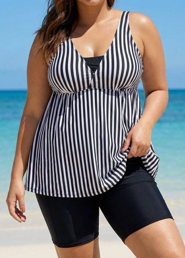 Black And White Striped Print Bow Tie Front Tankini Top