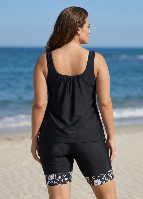 Plus Size Black Floral Print Round Neck Modest Tankini Set