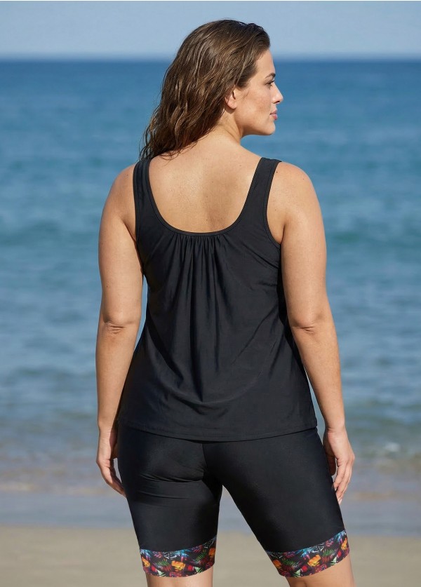 Black Plants Print Round Neck Plus Size Modest Tankini Set