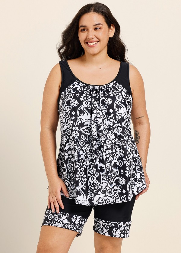 Black White Geometric Scoop Neck Flattering Padded Curvy Women's Swimsuit Tankini Set