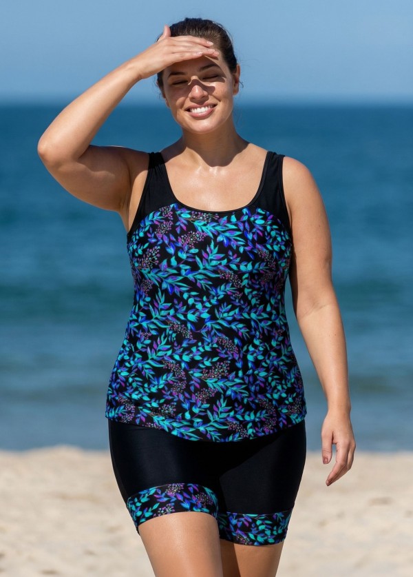 Plus Size Green Iridescent Leaf Print Scoop Neck Vintage Padded Women's Swimsuit Tankini Set