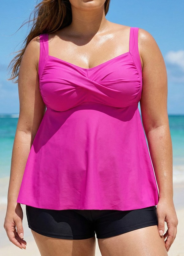 Hot Pink Twist Front Charming Tankini Top