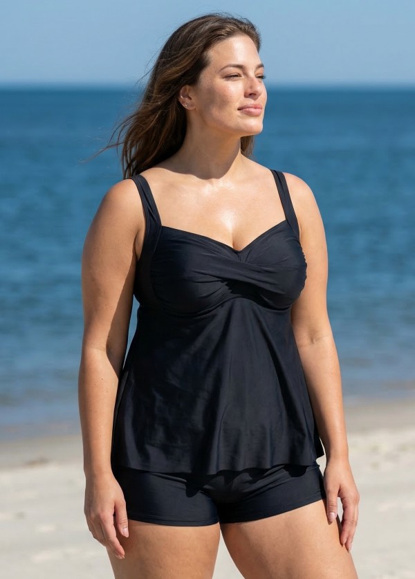Black Twist Front Plus Size Modest Fashion Tankini Swimsuit Top