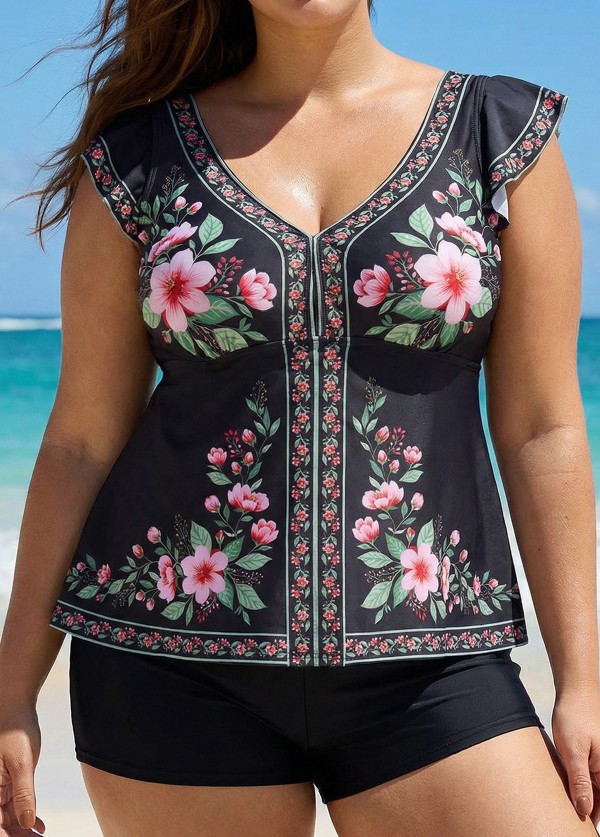 Black Floral V Neck Ruffled Sleeve Curvy Swimsuit Tankini Top