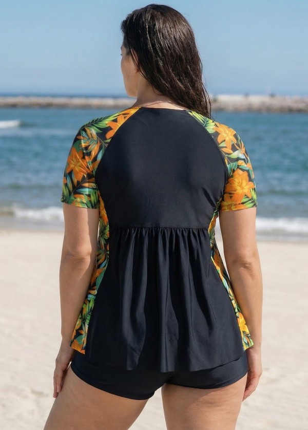 Orange Tropical Floral Print Upf50+ Short Sleeves Vintage Curvy Swimsuit Tankini Top