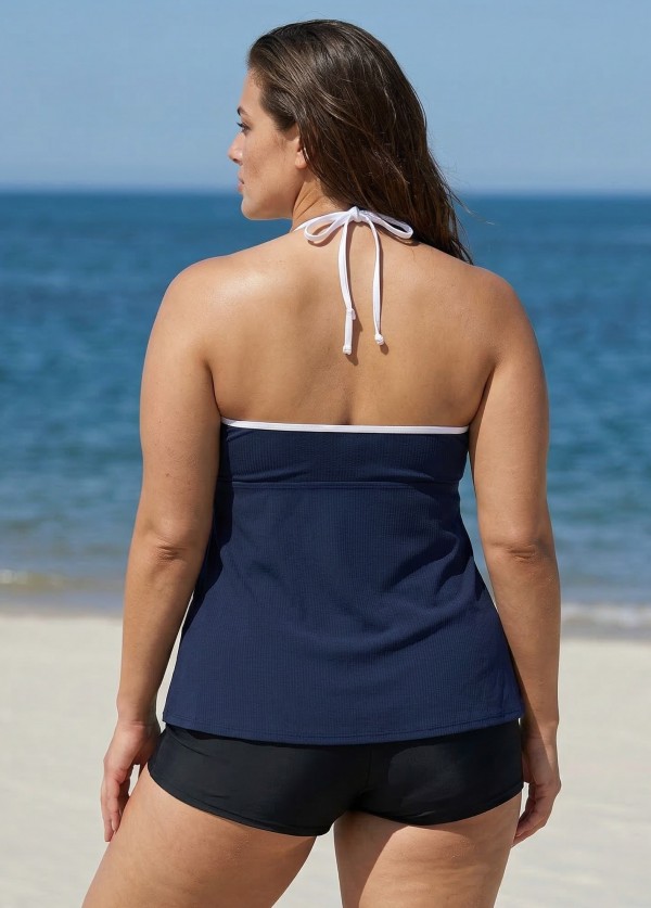Navy And White V Neck Halter Plus Size Tankini Top