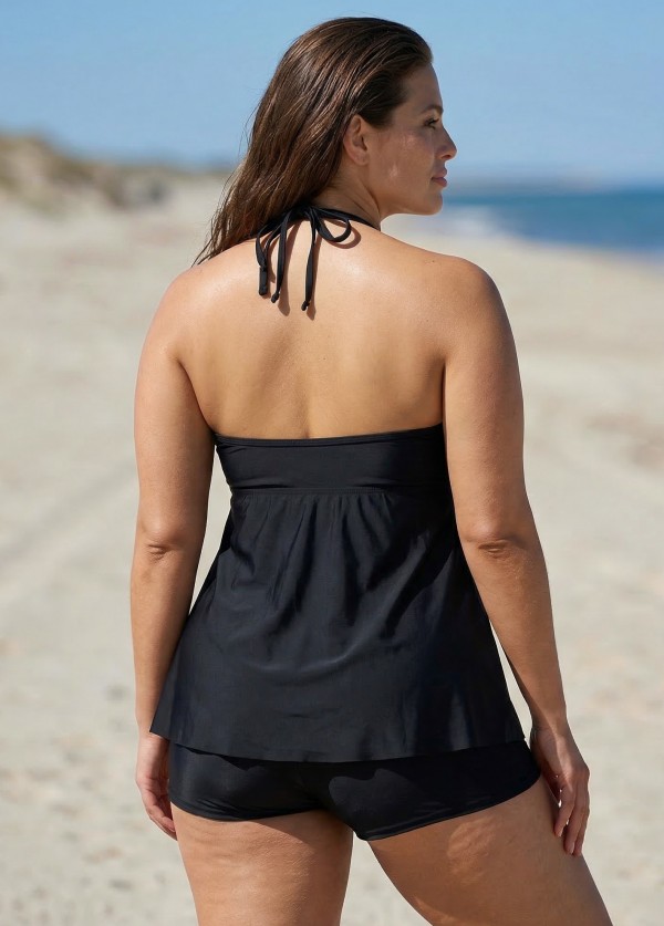 Black V-Neck Halter Plus Size Modest Tankini Swimsuit Top
