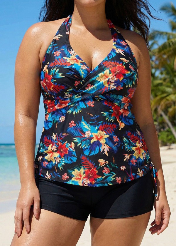 Tropical Floral Cross Front With Side Drawstring Tankini Set