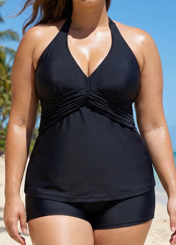 Black V Neck Waist Knot Plus Size Modest Fashion Tankini Swimsuit Top