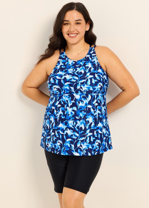 Blue Floral Print High Neck Flattering Curvy Women's Swimsuit Tankini Top