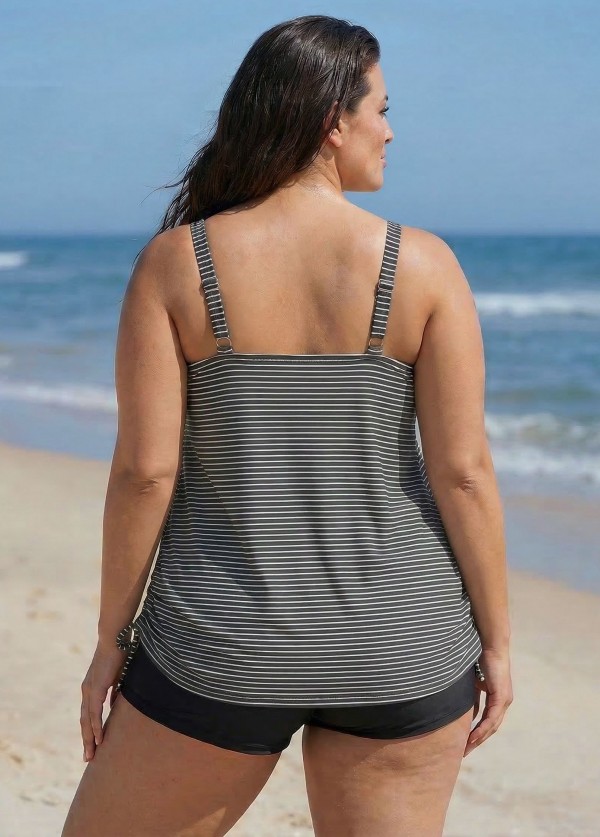 Plus Size White Stripe Scoop Neck Vintage Drawstring Women's Swimsuit Tankini Top