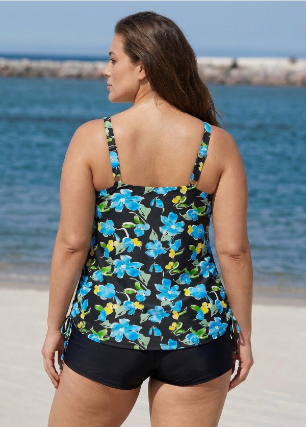 Green Floral Scoop Neck Sleeveless Modest Drawstring Curvy Women's Swimsuit Tankini Top