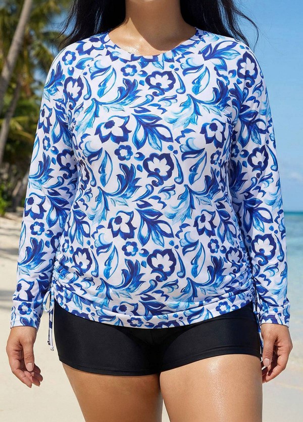 Curvy Blue And White Floral  Upf50+ Long Sleeves Side Drawstring Swimsuit Shirt Tankini Top