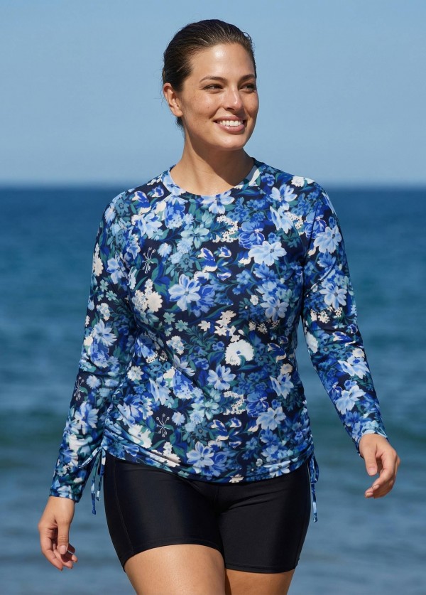 Curvy Navy Floral High Neck Upf50+ Long Sleeves Drawstring Women's Swimsuit Tankini Top