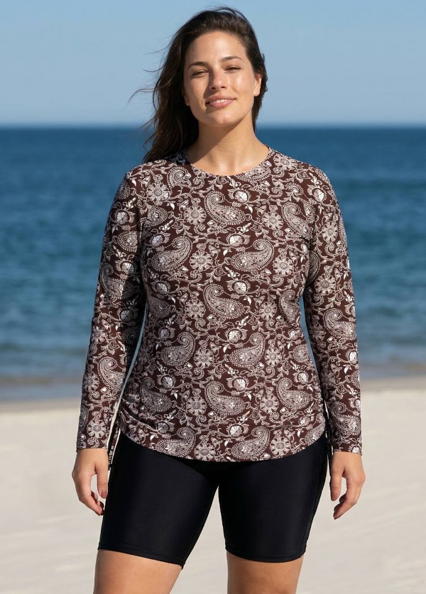 Brown Paisley Upf50+ Long Sleeves Drawstring Plus Size Women's Swimsuit Tankini Top