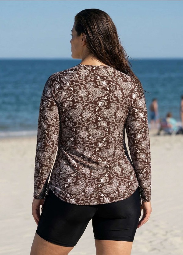 Brown Paisley Upf50+ Long Sleeves Drawstring Plus Size Women's Swimsuit Tankini Top