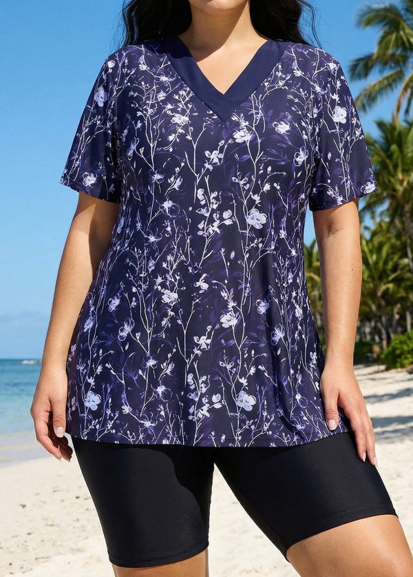Curvy Purple Floral V Neck Upf50+ Short Sleeves Flattering Padded Swimsuit Long Tankini Top