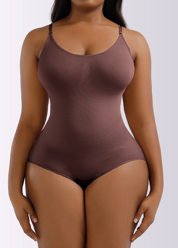 Brown Seamless Spaghetti Strap Body Shaper Bodysuit for Women