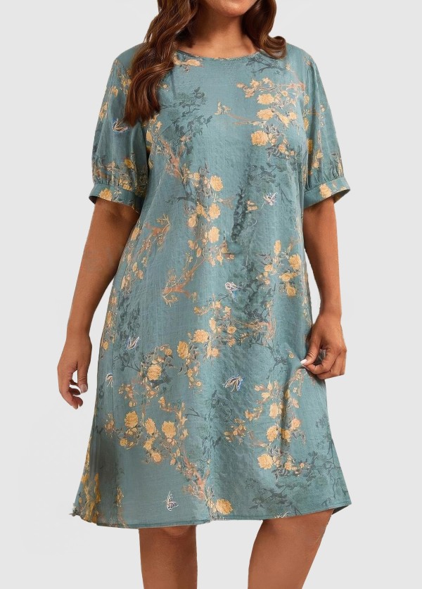 Green Floral Print Short Sleeve Plus Size Women Midi Dress