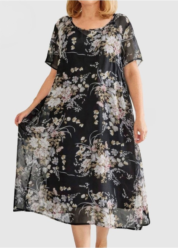 Black Graceful Floral Print Short Sleeve Chiffon Maxi Two-Piece Dress Set