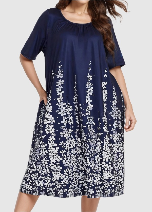 Blue And White Print Short Sleeve Plus Size Women Midi Dress