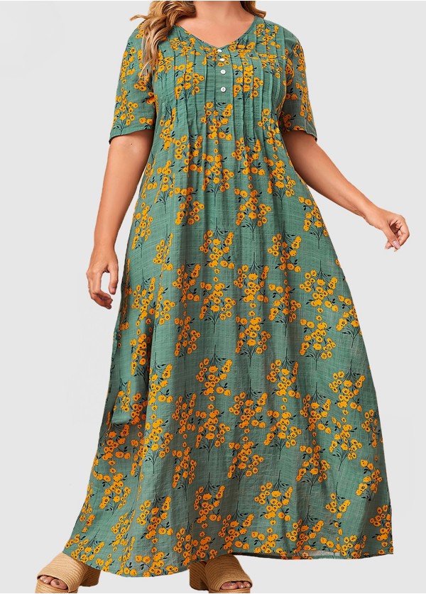 Green Casual Floral Print Short Sleeve Loose Fit Plus Size Women Maxi Dress