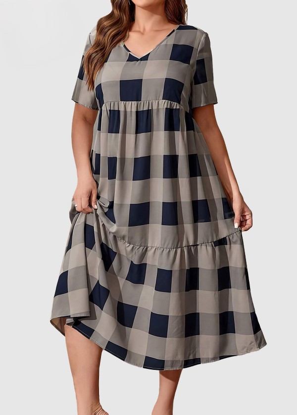Classic Check Pattern Short Sleeve Plus Size Women Maxi Dress