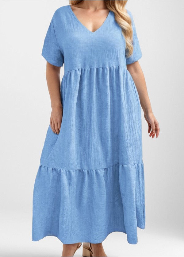 Blue Short Sleeve Loose Fit Ruffle Plus Size Women Maxi Dress