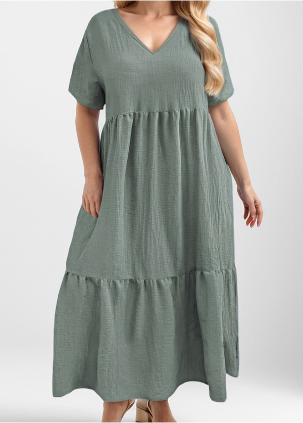 Green Short Sleeve Loose Fit Ruffle Plus Size Women Maxi Dress