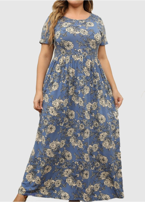 Blue Floral Print Round Neck Short Sleeve Plus Size Women Maxi Dress