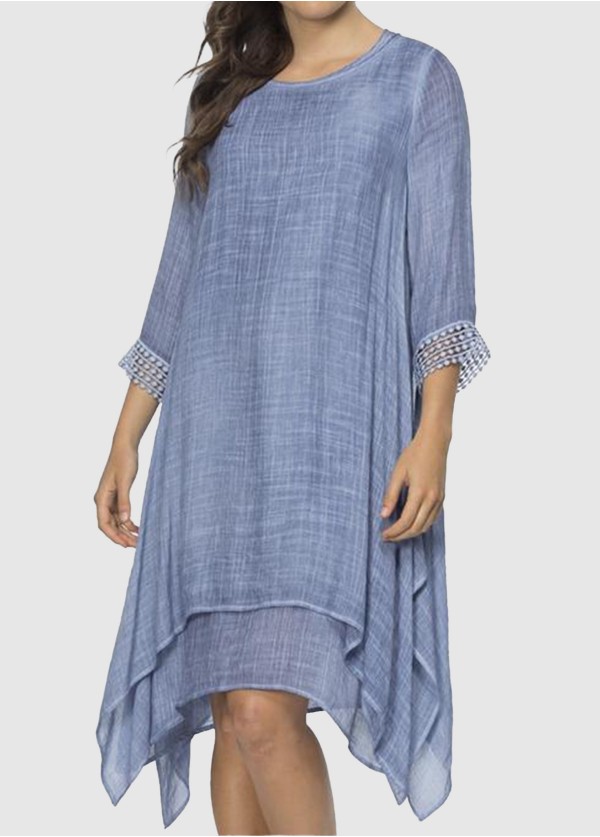 Comfortable Blue Double Tiered Half Lace Sleeve Midi Dress