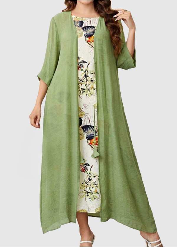 Green Half Sleeve Round Neck Leaf Print Maxi Two Piece Dress Set 