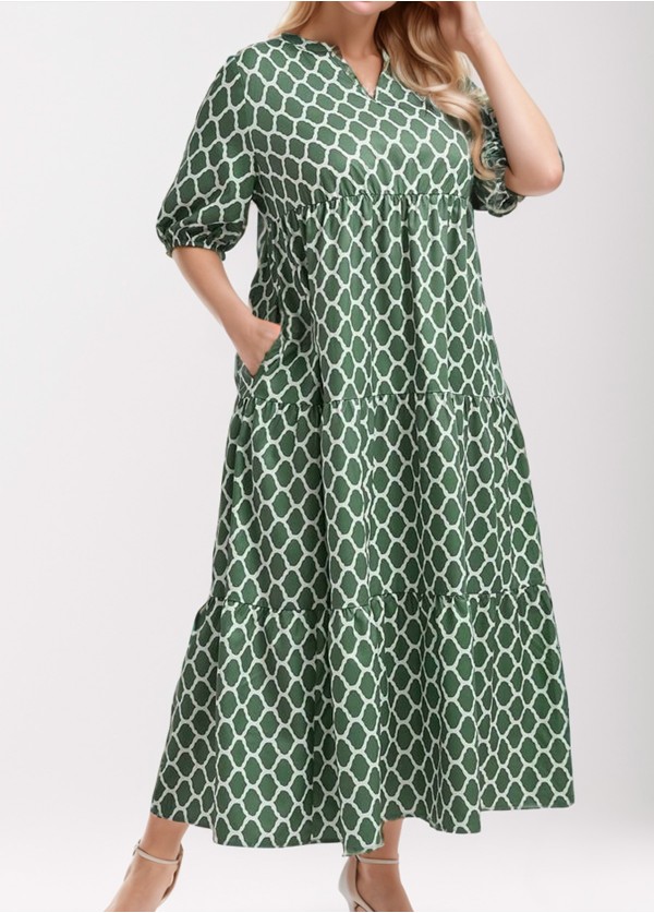 Green Notch Neck Geometric Print Double Pocket Short Sleeve Maxi Dress