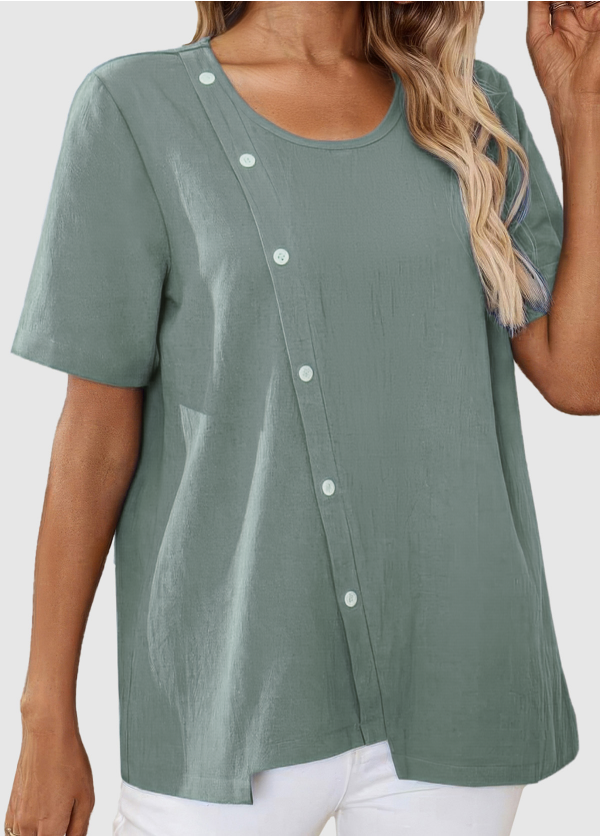 Green Simple Round Neck Button Short Sleeve Plus Size Blouse