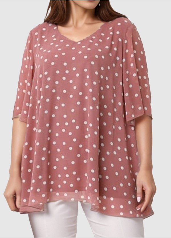 Pink Dot Print V Neck Half Sleeve Plus Size Shirt