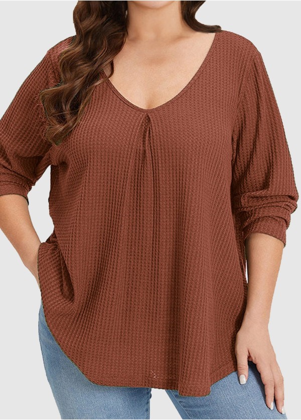 Solid Brown V Neck Long Sleeve Waffle Loose Blouse