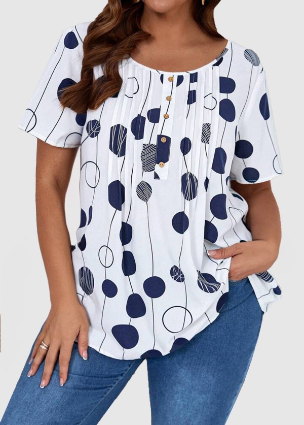 White Round Neck Short Sleeve Dot Printed Pleated Casual Summer Shirt
