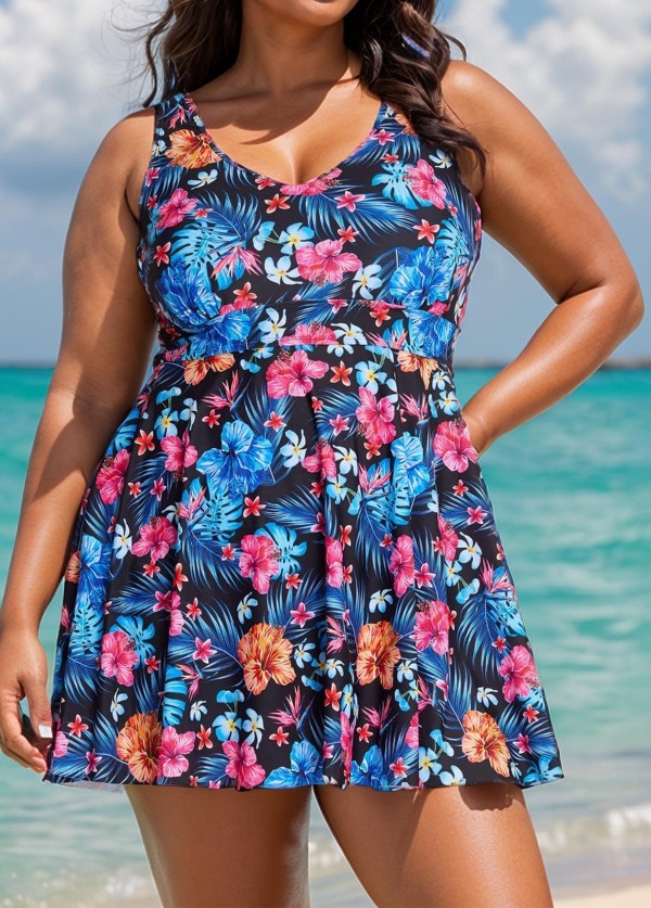 Plus Size Blue Floral Modest Swimsuit And Swimwear Swimdress Set