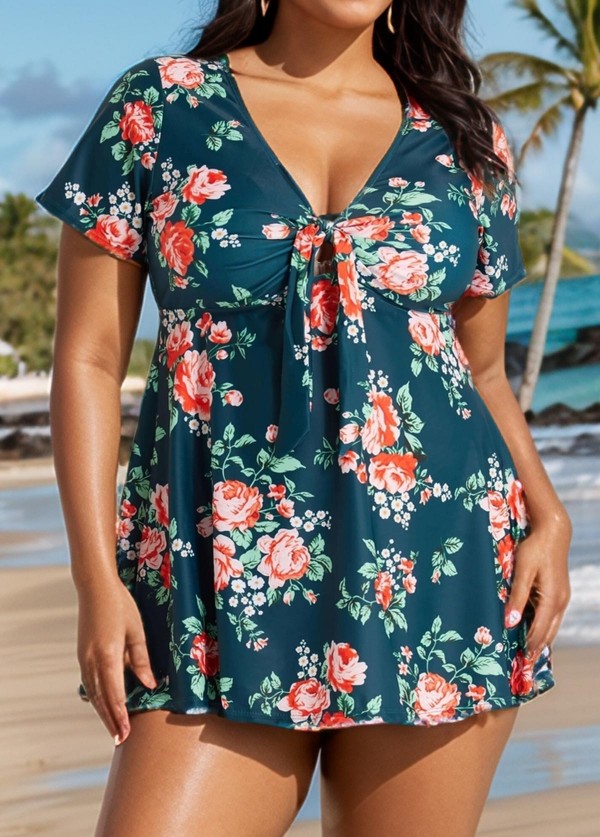 Plus Size Green Floral Short Sleeve Ladies Bathing Suits Swimdress Set