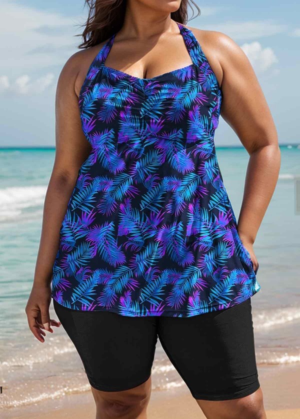 Purple Plants Print Square Neck Flowy Modest Plus Size Tankini Swimsuit Top