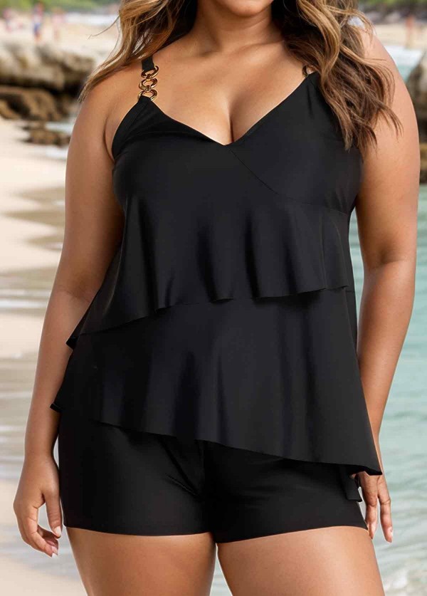 Black V Neck Ring Metal Layered Tankini Top