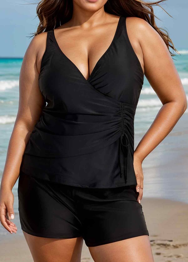 Black V Neck Side Self Tie Drawstring Tankini Top