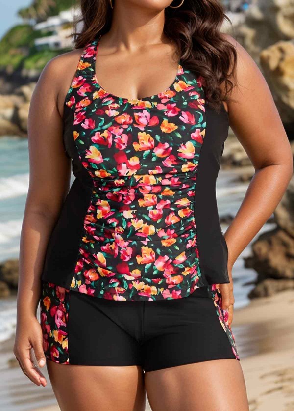Curvy Red Floral Tummy Control Swimsuit And Swimwear Tankini Set